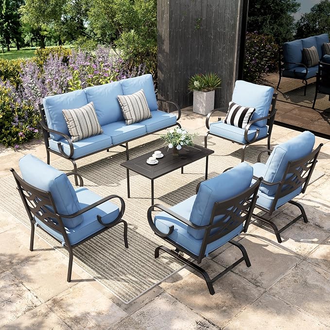Sophia & William Patio Conversation Set for 7, 3-Seater Sofa, 2 Fixed Chairs, 2 Rocking Chairs and a Coffee Table, Metal Outdoor Furniture with 5.75" Extra Thick Cushions, Blue