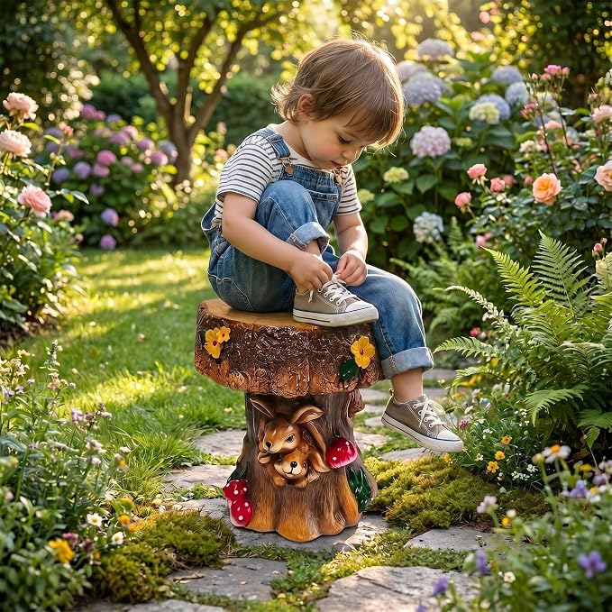 12.6" Resin Rabbit Tree Stump Stool – Whimsical Indoor Outdoor Garden Chair, Decorative Accent Seat for Patio Backyard Terrace, Unique Forest Animal Figurine Decor for Kids Room & Garden