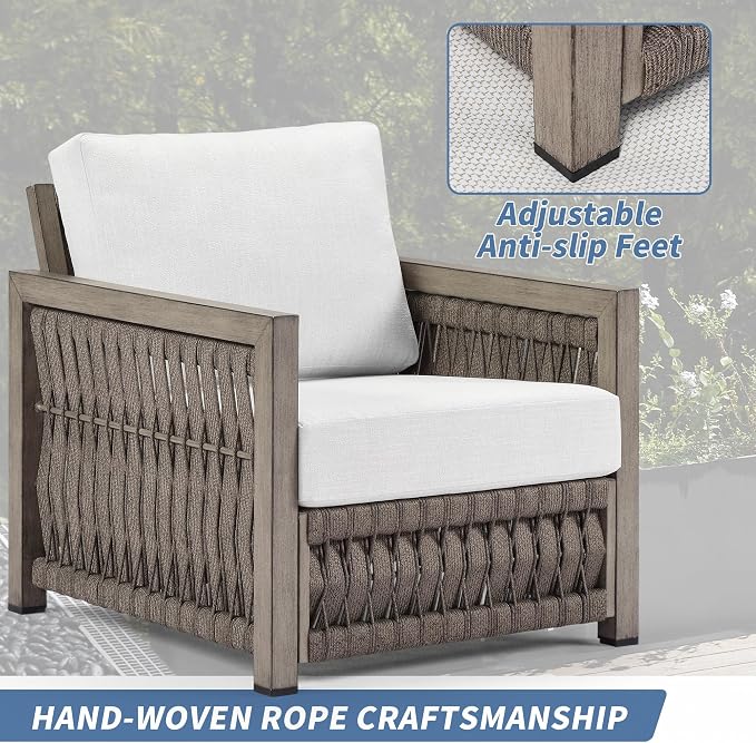 Patio Armchair, Rope Weave Outdoor Chair with Widened Armrests & Thick Cushions, All-Weather Aluminum Deep Seating Chair, Never Rust Patio Furniture for Garden, Porch, Deck, Gray Oak | Aluminum Frame