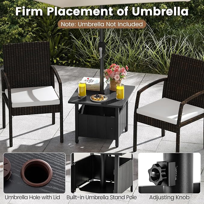 HAPPYGRILL Patio Square Umbrella Table with 2 Weight Bags, Metal Side Table with Umbrella Hole & Adjusting Knobs, for Backyard Poolside Deck (1)