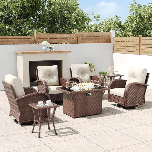 7 Pieces Outdoor Wicker Patio Swivel Rocking Chairs, All Weather Wicker Conversation Set with 44" Fire Pit Table