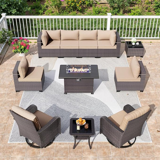 11 Pieces Outdoor Patio Furniture Set,Outdoor Sectional Furniture with 43" 55000 BTU Gas Propane Fire Pit Table,PE Rattan Wicker Patio Conversation Set,Swivel Rocking Chairs Set,Sand