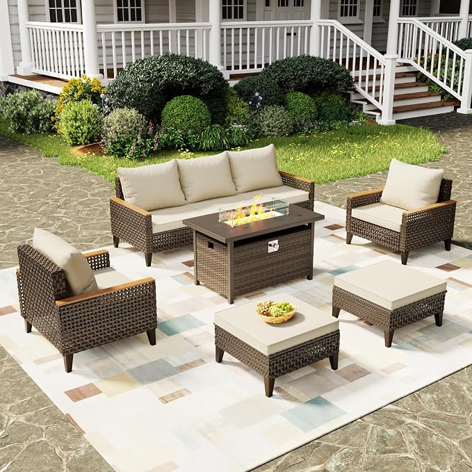 8Piece Patio Furniture Set with 50000 BTU Propane Fire Pit Table, All-Weather Wicker Rattan Outdoor Sectional Sofa Set with High Back and Thick Cushions for Garden, Porch, Poolside, Beige