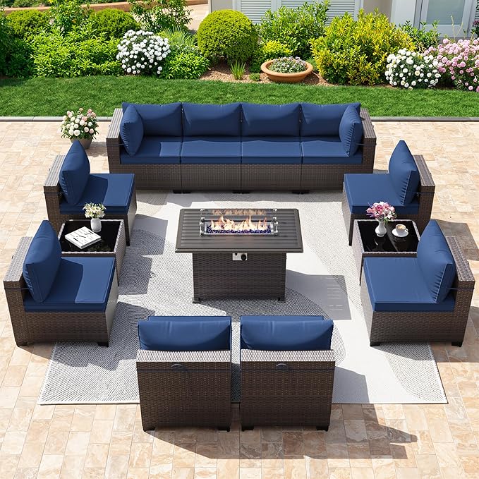 13 Pieces Outdoor Patio Furniture Set,Outdoor Sectional Furniture with 43" 55000 BTU Gas Propane Fire Pit Table,PE Rattan Wicker Patio Conversation Set with 10 Thickened Cushions,Navy Blue