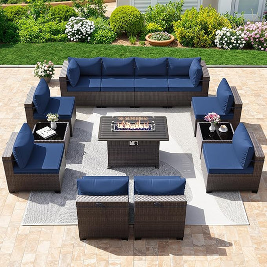 13 Pieces Outdoor Patio Furniture Set,Outdoor Sectional Furniture with 43" 55000 BTU Gas Propane Fire Pit Table,PE Rattan Wicker Patio Conversation Set with 10 Thickened Cushions,Navy Blue
