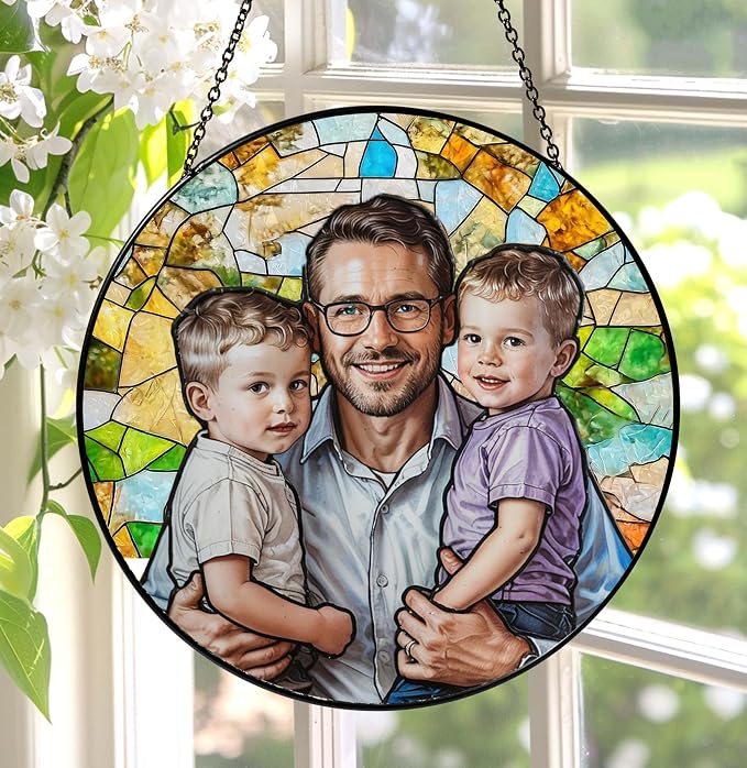 LOVELYPOD Personalized Dad Stained Glass Sun Catcher, Photo Family Portrait Faux Window Hanging Ornament, Custom Photo Gift for Dad from Son Daughter, Grandpa Gifts
