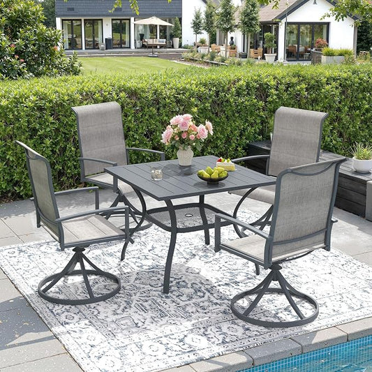 DIFY 5 Piece Outdoor Patio Dining Set for 4, 37.8" Square Metal Dining Table and Swivel Patio Chairs with Padded Textilene, All-Weather Outdoor Furniture Set for Garden Backyard Porch, Grey