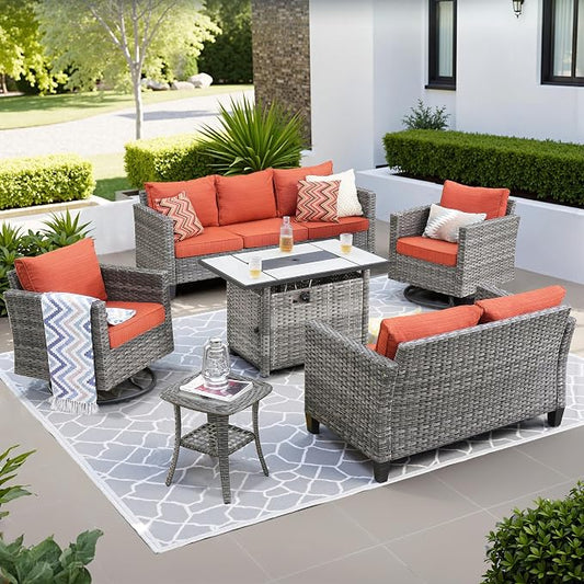 ovios 6 Pieces Patio Furniture Set with Rectangular Fire Pit Table, Swivel Rocking Chairs, Loveseat, Outdoor High Back Wicker Rattan Conversation Set for Deck Porch, Orange Red