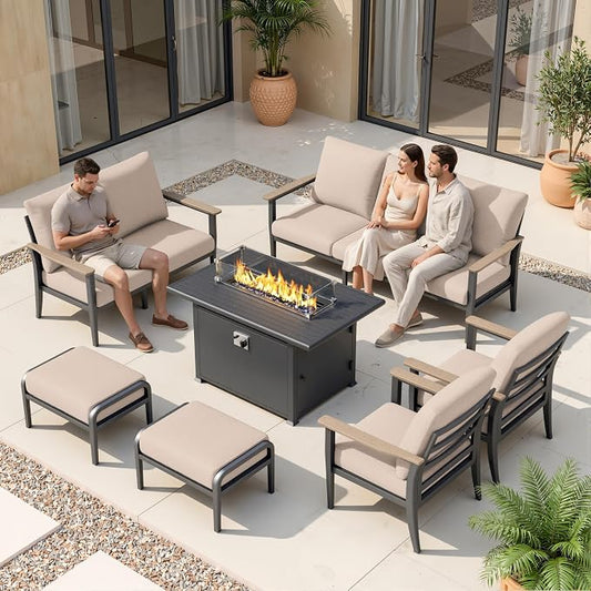 Aluminum Outdoor Patio Furniture Set, 7-Piece Sectional Sofa with 5.1" Thick Cushions, Ottomans, 55,000 BTU Propane Fire Pit Table, Outdoor Couch for Backyard, Deck, Khaki