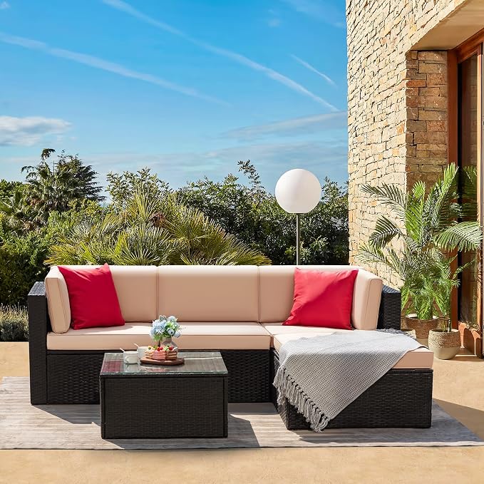 Greesum 5 Piece Patio Conversation Set Wicker Rattan Furniture Outdoor Sofa with Cushions,Pillows & Glass Table for Porch,Lawn and Yard,Beige