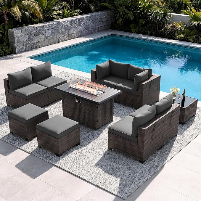Outdoor Patio Furniture Set, 10 Pieces Outdoor Sectional Furniture with Fire Pit Table, All-Weather PE Rattan Patio Conversation Set with Two Ottomans, Coffee Table for Garden, Deck (Grey)