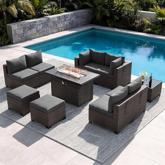Outdoor Patio Furniture Set, 10 Pieces Outdoor Sectional Furniture with Fire Pit Table, All-Weather PE Rattan Patio Conversation Set with Two Ottomans, Coffee Table for Garden, Deck (Grey)