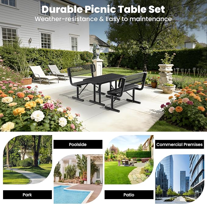 4FT Outdoor Metal Picnic Table with 2 Benches,Heavy Duty Rectangular Picnic Table Set for Outside, Waterproof Commercial Restaurant Table Furniture for Park, Campfield, Patio, Garden, Yard
