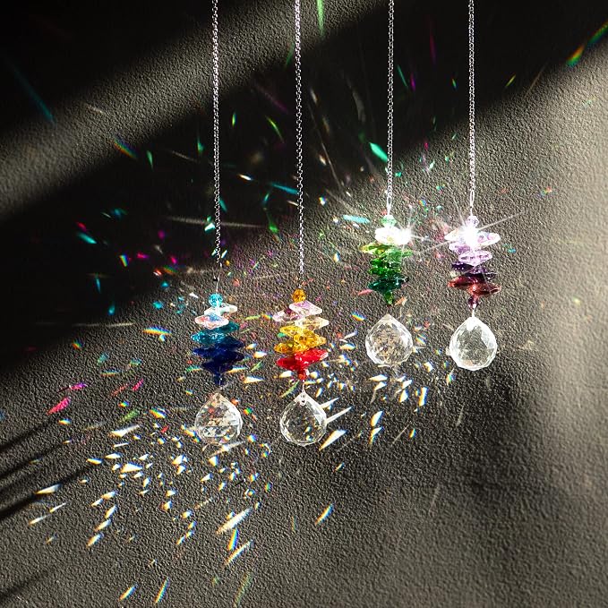 4PCS Crystal Prisms Suncatchers Hanging Sun Catchers for Window Indoor | Rainbow Maker Suncatchers Crystals Ball Prism Chakra Octagon Bead Decor For Home Garden,10.5inch,Christmas Tree Decorations