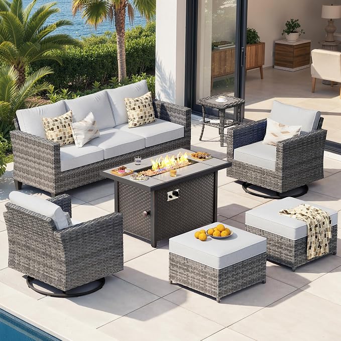 CAODOC 7-Piece Outdoor Wicker Patio Set with 7 Seats, Including 43" Fire Pit - Swivel Rocker Chairs and Conversation Set for Backyard or Lawn, Gray Rattan with Waterproof Gray Cushions
