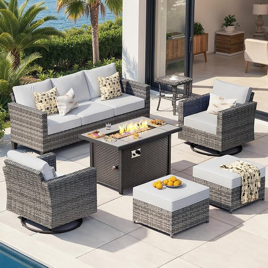 CAODOC 7-Piece Outdoor Wicker Patio Set with 7 Seats, Including 43" Fire Pit - Swivel Rocker Chairs and Conversation Set for Backyard or Lawn, Gray Rattan with Waterproof Gray Cushions