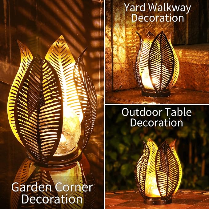 Solar Garden Lights Waterproof Decorations,Crackle Globe Glass,Metal Palm Leaf Solar Lights for Outdoor Decor On Garden,Patio,Yard,Front Porch,Tabletop Lamp-Perfect Gifts