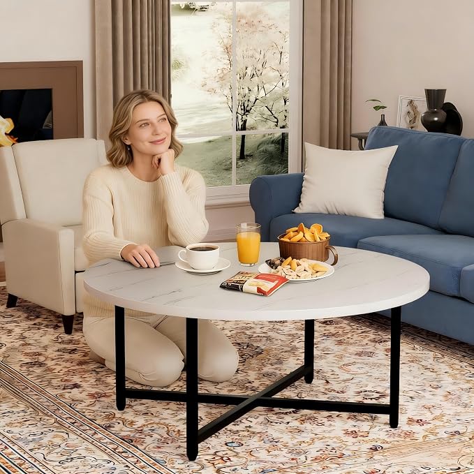 FAMIDGE Coffee Table, 31.5" Large Round Coffee Table for Living Room, Center Tables for Family & Office Use, Outdoor Coffee Table Round, Large White(31.5" D x 17.7" H)