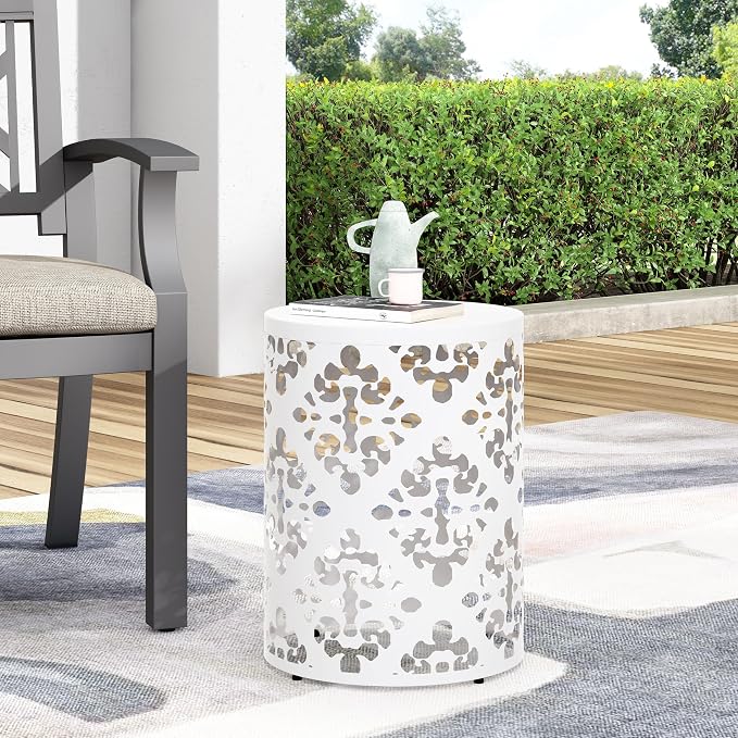 14" Cylindrical Side Table with Floral Iron Cut, Stylish End Table with Powder-Coated Iron, Practical Accent Table with No Assembly for Outdoor Patio Garden, White