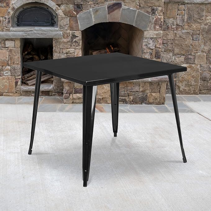 EMMA + OLIVER Commercial Grade 35.5" Square Black Metal Indoor-Outdoor Table