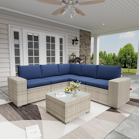 6 Piece Patio Furniture Set, 9.8" Wide Arm Sectional Sofa with Storage Armrests, All-Weather Rattan Outdoor Conversation Set for Garden, Porch, Lawn, Backyard, Balcony, Blue