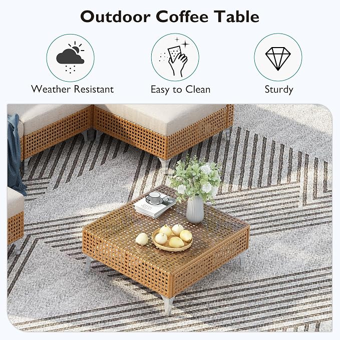 7-piece Wicker Patio Furniture Set, Outdoor Conversation Set Sectional Sofa with Water Resistant Beige Thick Cushions and Coffee Table for Outdoor Couch, Porch, Backyard - Beige