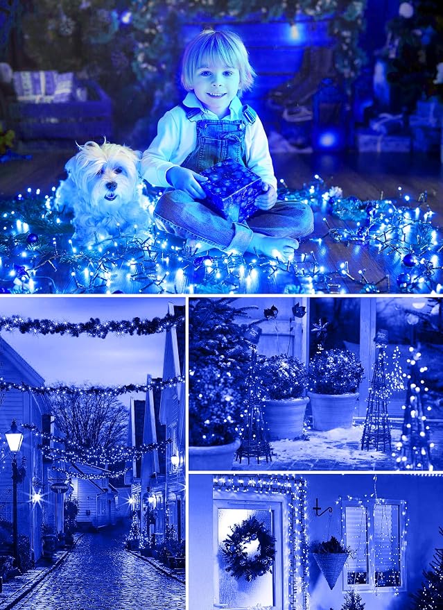 Minetom Solar String Lights Outdoor Waterproof, 40 FT 100 LED Outdoor Light | Solar Powered String Lights with 8 Lighting Modes, Solar Christmas Lights for Outdoor Outside Tree Party Camping Decor, Blue