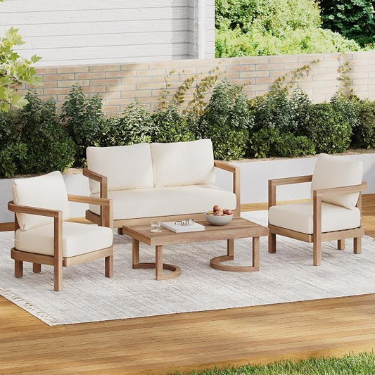 Merax 4-Piece Outdoor Acacia Wood Patio Furniture Conversation Set,Sofa Couch with Coffee Table,for Backyard