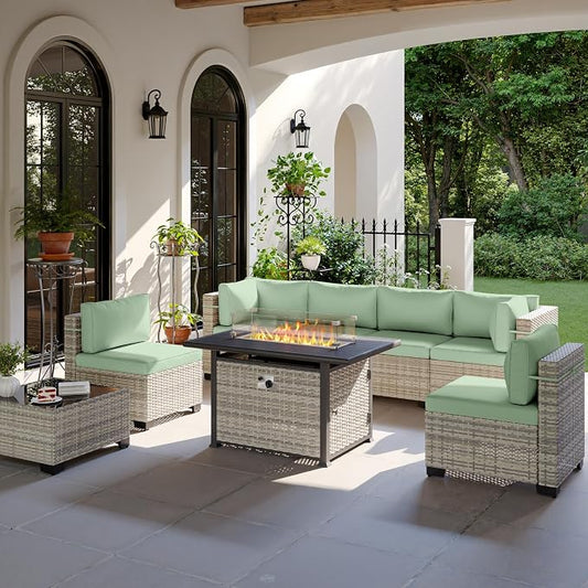8-Piece Patio Furniture Set, Outdoor Patio Furniture with 55,000 BTU Fire Pit Table, Thick Cushions, Modular Patio Sofa, Dual-Strand Wicker Rattan, Rust-Resistant Frame, Light Green