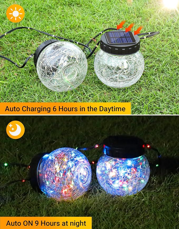 Solar Lights Outdoor Waterproof 12-Pack, Solar Powered Hanging Lantern Cracked Glass Hanging Globes for Yard Decor Christmas Decoration, Shepherd Hook, Garden Tree Ornaments, RGB