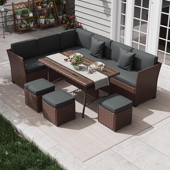 KIGOTY 7 Piece Patio Furniture Set, Outdoor PE Wicker Rattan Outdoor Dining Set, Patio Table and Chairs Set, Patio Conversation Sofa Set with Dining Table and Ottoman(Brown-Grey)
