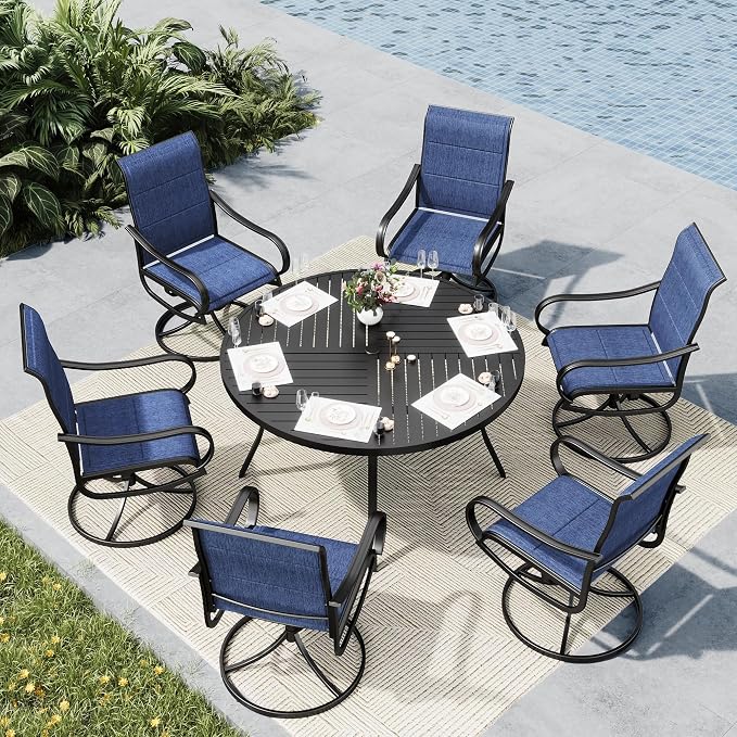MFSTUDIO 7 Piece Outdoor Dining Set, Round Table & Swivel Chairs, Navy Blue | Padded textilene, Ergonomic high back, Metal table, Umbrella hole, Weather-reistant, Patio deck garden backyard, 7 piece