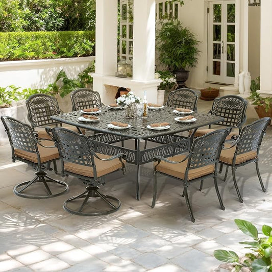 SOCIALCOMF 9-Piece Patio Cast Aluminum Dining Set, Outdoor Table and Chairs Set for 8, Includes 64" Large Square Dining Table, 6 Stationary, 2 Swivel Dining Chairs with Umbrella Hole, Tan