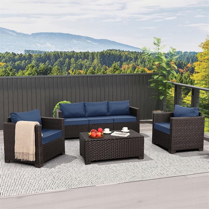 Rattan Star 4 Piece Patio Furniture Set 45In Fire Pit Table Outdoor Furniture Sets Patio Couch Outdoor Chairs 50000 BTU Propane Fire Pit with No-Slip Cushions and Waterproof Covers, Navy Blue