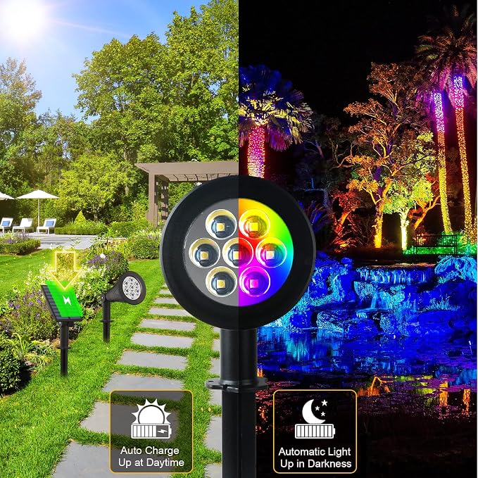 T-SUNUS RGB Solar Landscape Spotlights Christmas, Color Changing Spot Lights Waterproof IP65 Garden Pond Light, 180° Adjustable Wall Tree Light Separately Installed for Outdoor/Indoor Halloween 4 Pack | 4 Pack, Separated For Garden Pond Tree