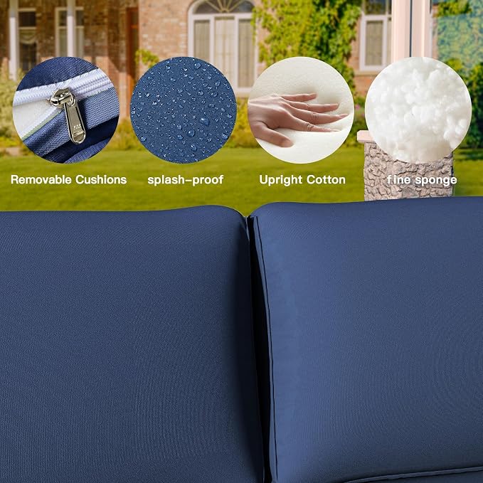 8 Pieces Outdoor Patio Furniture Sets w/55000 BTU Propane Fire Pit Table,Wicker Conversation Sofa,Includes 6 All-Weather High Back PE Rattan Seating Components w/Coffee Table&Gas Fire Pit,Navy