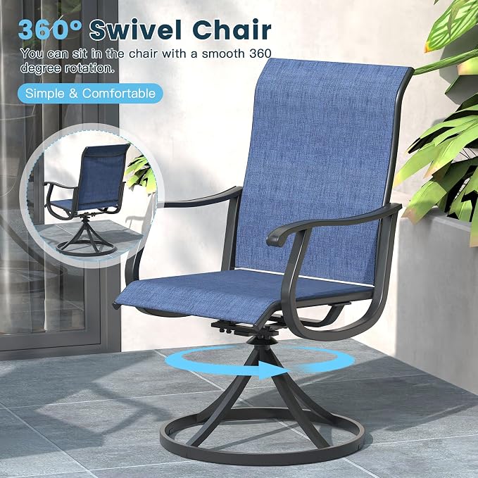7 Pieces Patio Furniture Dining Set, 6 Textilene Swivel Dining Chairs, 59" Outdoor Rectangular Metal Table with 1.57" Umbrella Hole, Outdoor Dining Set for Porch, Lawn, Garden, Black/Blue