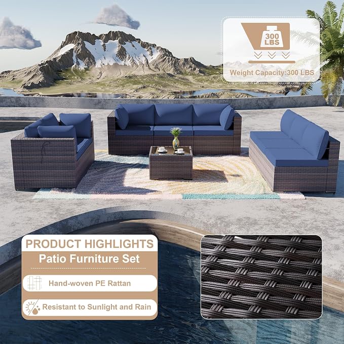 ALAULM 9 Pieces Patio Furniture Set Wicker Patio Conversation Set with 4 Corner Sofas, Outdoor Sectional Furniture w/Coffee Table & Washable Seat Cushions-Dark Blue