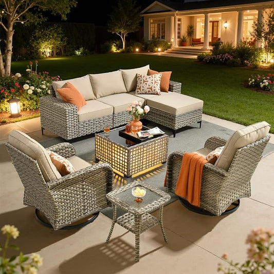 HOOOWOOO 8 Pieces Patio Furniture Set,L Shaped Outdoor Sectional Couch with Swivel Chiars Solar Table, Pe Wicker All Weather Outside Conversation Sofa Ottoman Set,Beige