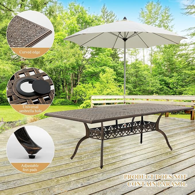 87" Rectangular Cast Aluminum Outdoor Dining Table, Elegant Bronze Patio Table for 8 with Strawberry & Leaf Design, 2" Umbrella Hole, Rustproof & Weather-Resistant Furniture for Garden