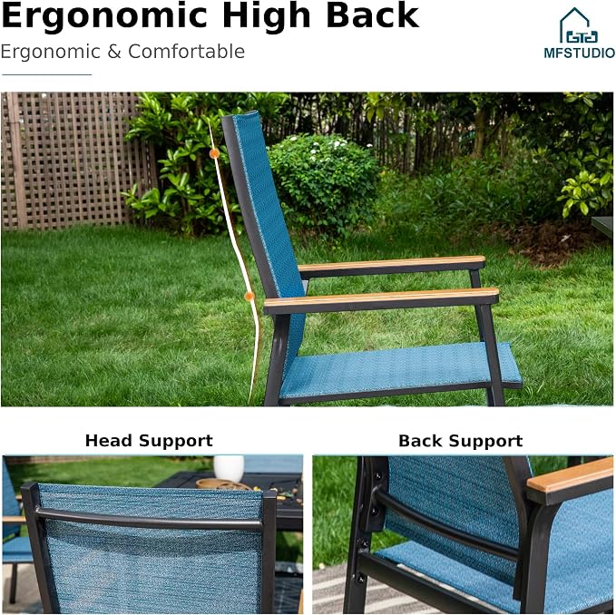 MFSTUDIO 5 PCS Patio Dining Set with 4 Stacking Aluminum Armchair(Blue) and 1 Square Heavy Duty Table