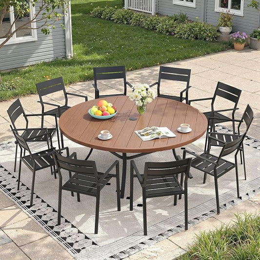 Patio Dining Set for 10, Round 63" Outdoor Dining Table and Chairs Set with Stackable Patio Chairs Outdoor Furniture for Garden Deck Backyard, Walnut Table and Black Chairs