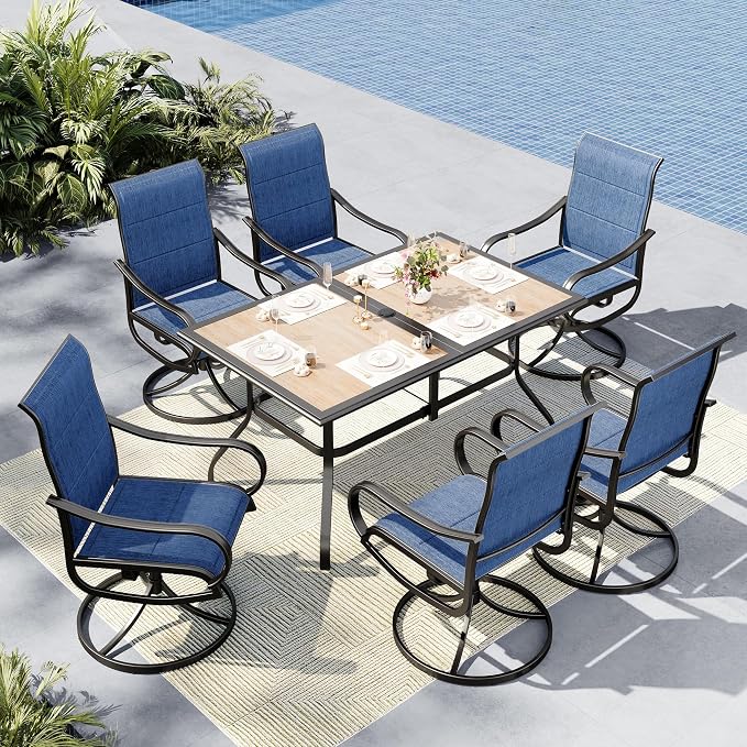MFSTUDIO Outdoor Dining Set for 6, Patio Dining Set with Umbrella Hole, 7 Piece Outdoor Patio Furniture Set for Deck/Yard/Garden/Poolside