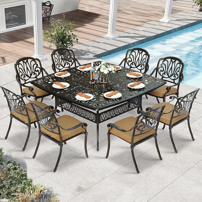 9 Piece Outdoor Patio Dining Set for 8, Cast Aluminium Large Square Dining Table & 8 Cushioned Stackable Chairs, Umbrella Hole, Patio Furniture Set for Garden Porch Poolside, Khaki
