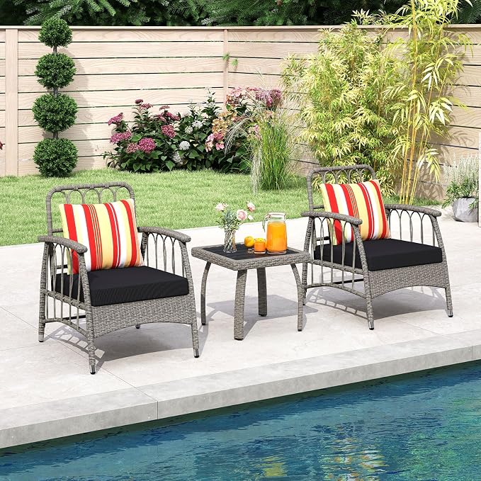 Tangkula 3 Pieces Patio Wicker Furniture Set, 5-Level Adjustable Backrest Cushioned Outdoor Conversation Bistro Chairs and Coffee Table Set, for Lawn, Garden, Poolside and Balcony (Mix Grey)