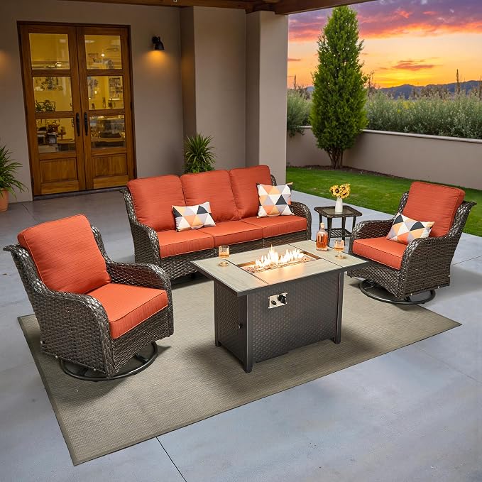 ovios 5-Piece Patio Furniture Set with Swivel Chairs Side Table, Outdoor Wicker Sofa with 42" Fire Pit Table, High Back Couch Modern Conversation Sets, Brown/Orange Red