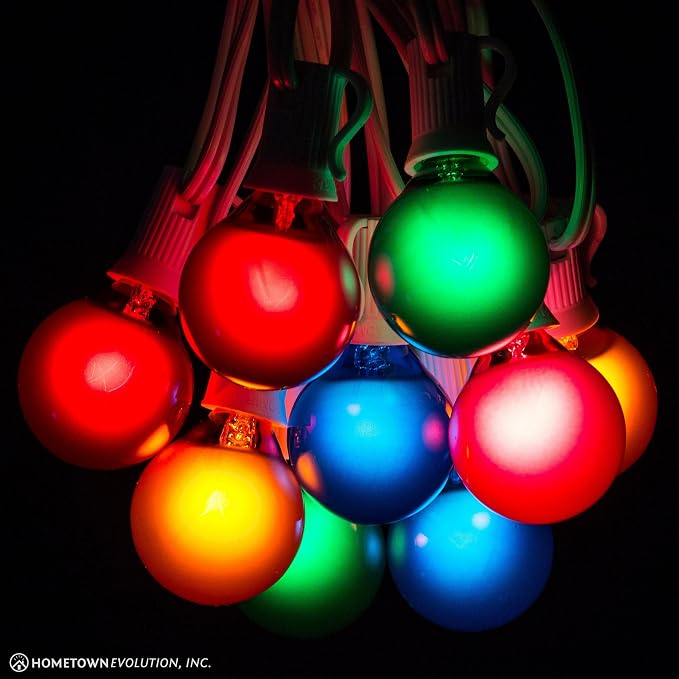 G40 Assorted Satin Pearl Colored String Lights (10 Foot – White Wire) | G40 Assorted 1.6" Bulbs, Outdoor Globe Patio String Lights