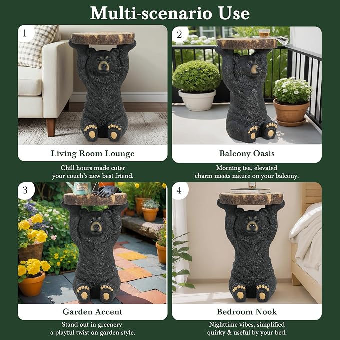 JIJIWANG Black Bear 3-in-1 Pedestal Side Table/End Table/Stool - MGO Hand Painted Sculpture Statue,No Assembly Required for Home,Living Room & Outdoor Decor (Black, 14.5" L x 13.5" W x 22" H)