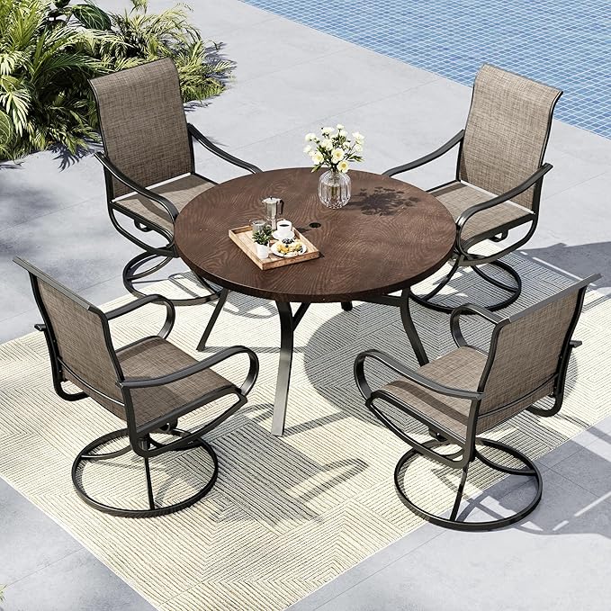 MFSTUDIO Outdoor Dining Set for 6, Round Patio Table and Chairs with Umbrella Hole, 7 Piece Patio Furniture Set with Swivel Chairs for Deck Backyard Garden