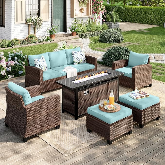 MIXPATIO Patio Furniture Set, 6 Pcs Wicker Rattan Outdoor Conversation Set, 2 x Leg Chairs, 1 x 3 Seater Sofa and 2 x Ottoman with 4" Thick Cushion and 56" Fire Pit Table, Blue